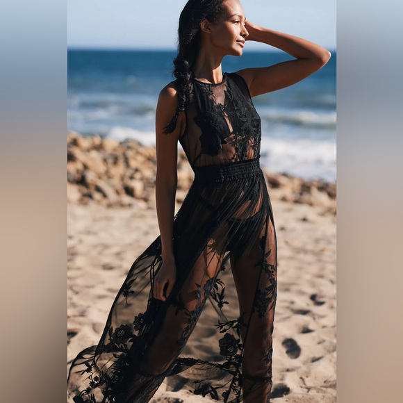 By Anthropologie Embroidered Mesh Maxi Dress black Women’s SIZE MEDIUM lace dark - Picture 2 of 14